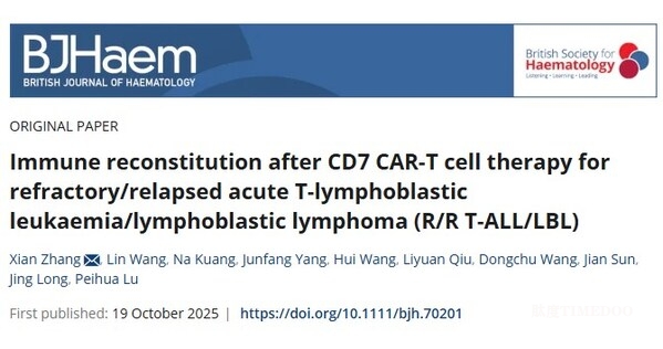 陸道培醫(yī)院血液科張弦主任在英國血液學(xué)雜志BJHaem上發(fā)表CD7 CAR-T后免疫重建最新研究成果-肽度TIMEDOO